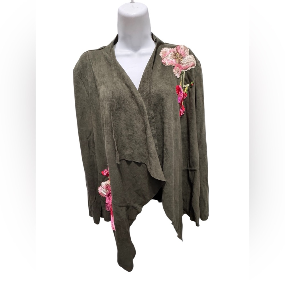 V. Cristina vegan green suede waterfall cardigan with floral embroidery XL - Picture 7 of 7
